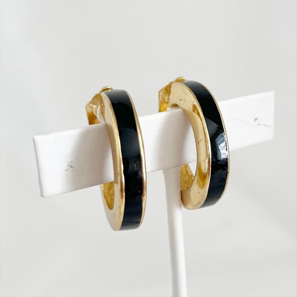 DIOR Black Enamel Gold Tone Vintage Hoops ClipOn - Picture 1 of 12
